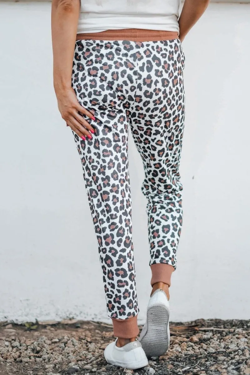 Elastic Coral and Leopard Print Jogger Pants