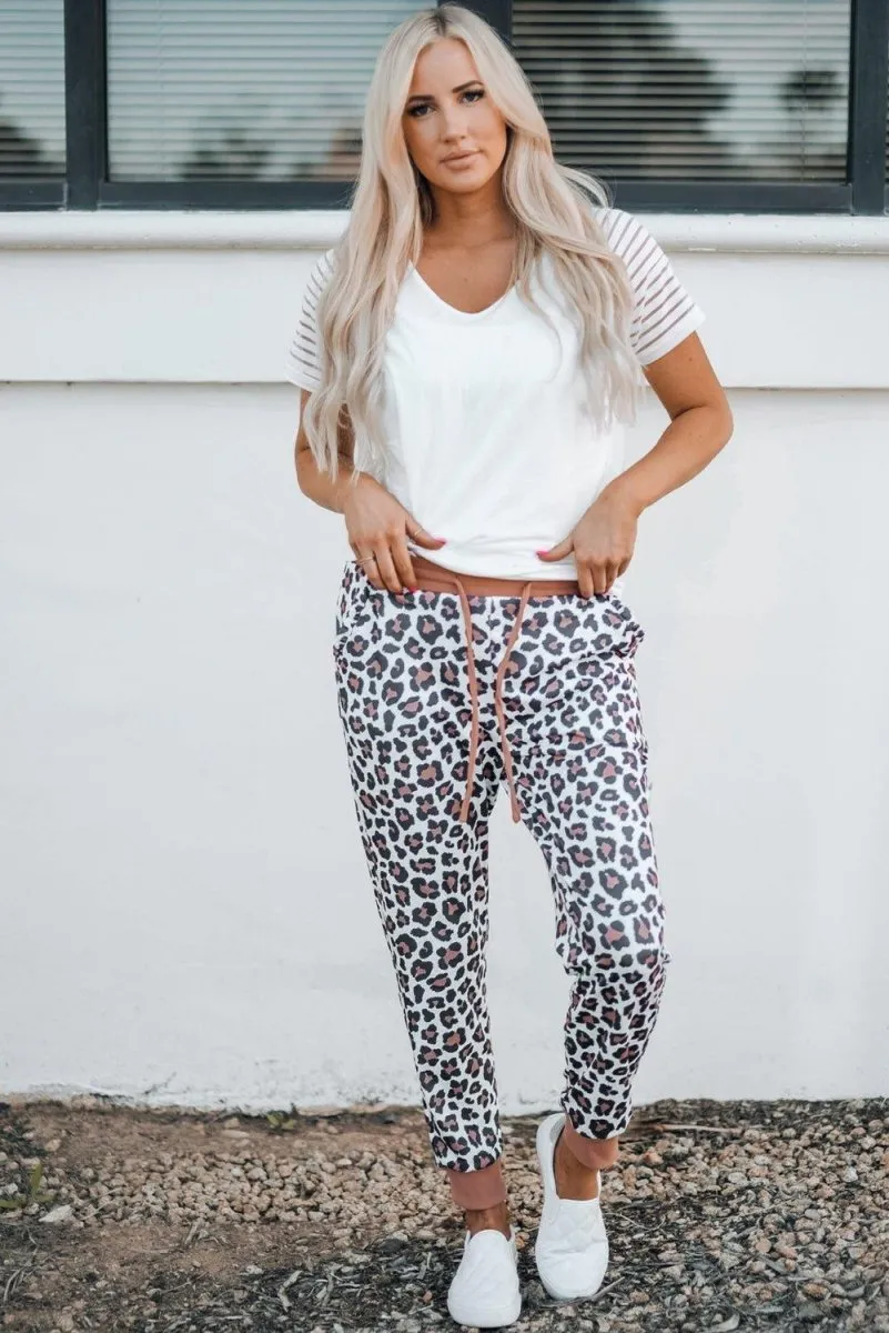 Elastic Coral and Leopard Print Jogger Pants