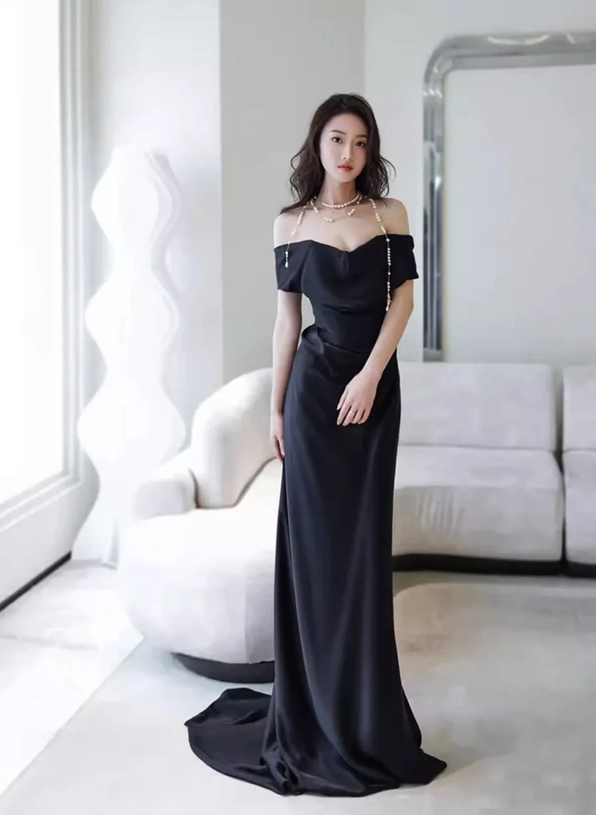 Elegant Black Off Shoulder Long Formal Gown, Black Satin Prom Dress Party Dress