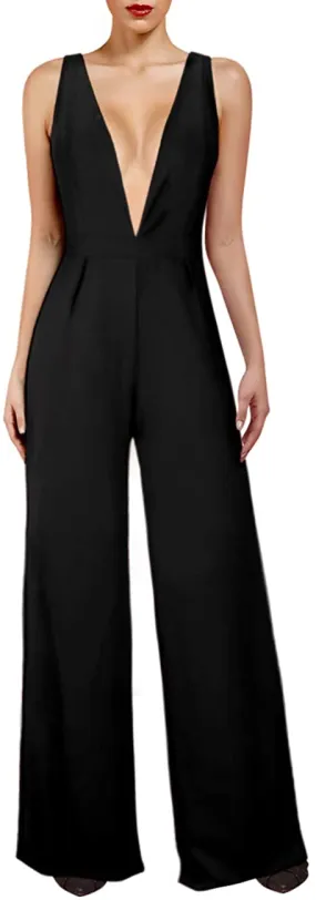 Elegant Black Sleeveless Deep V Wide Leg Jumpsuit