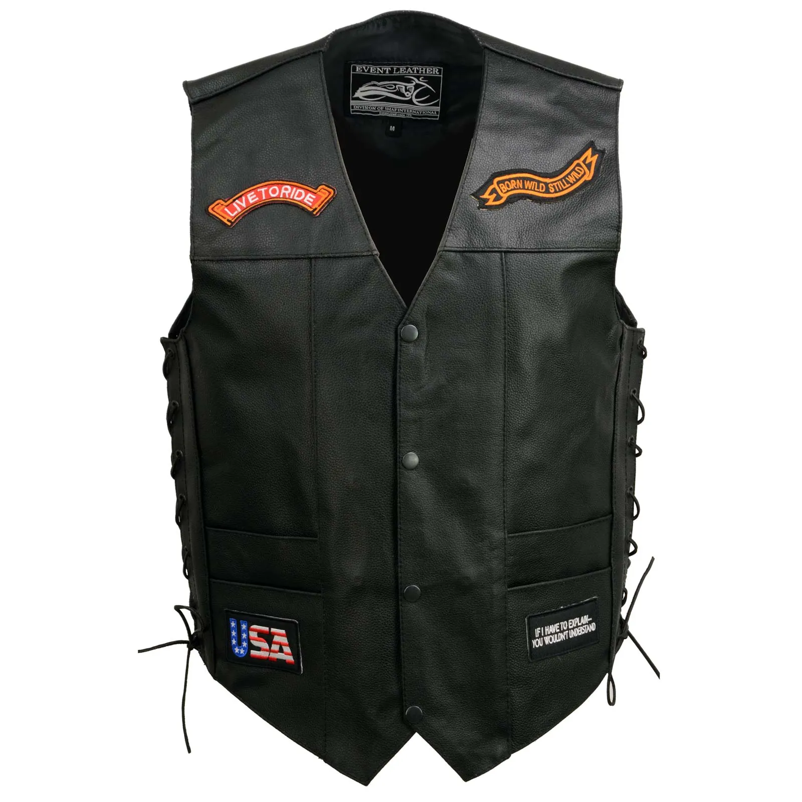 Event Leather Men’s Concealed Carry Motorcycle Vest Black with Patches ELM3930