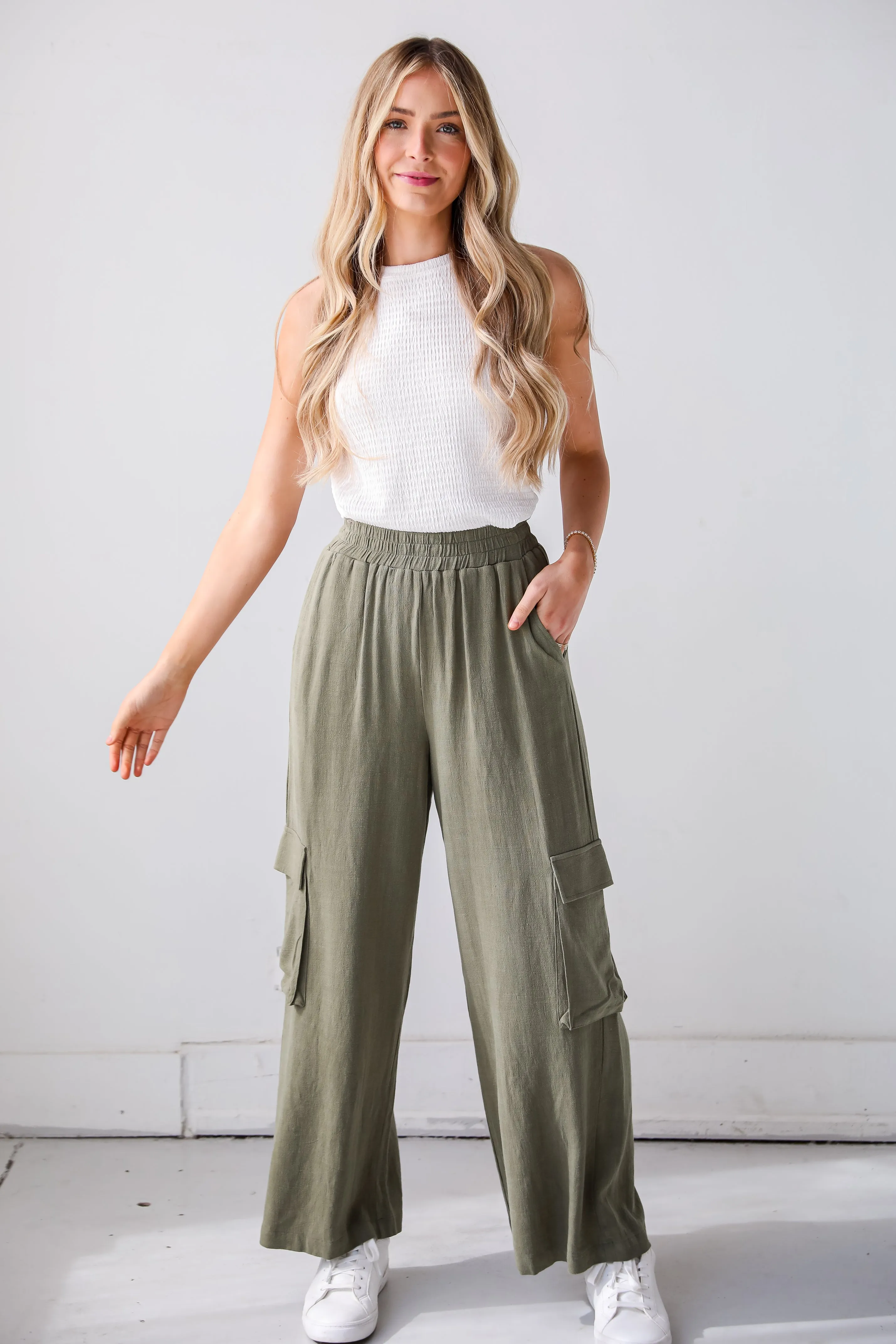 FINAL SALE - Confidently Sleek Light Olive Linen Cargo Pants - DU DEAL