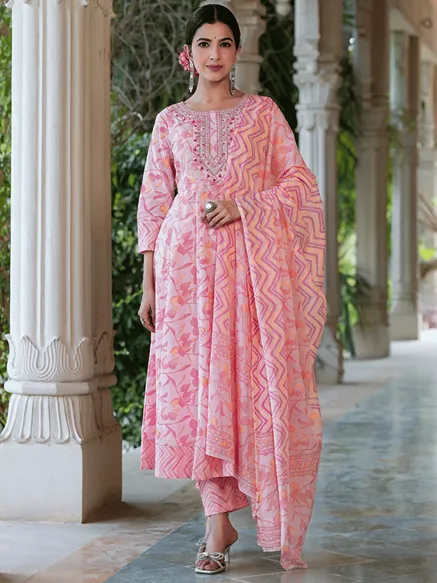 Floral Embroidered Pure Cotton Kurta With Trousers & With Dupatta