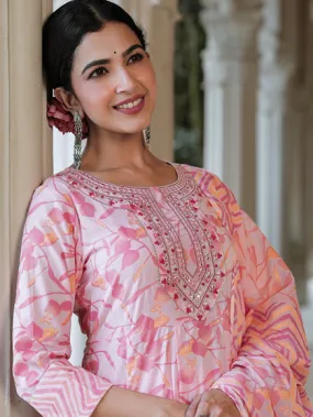 Floral Embroidered Pure Cotton Kurta With Trousers & With Dupatta