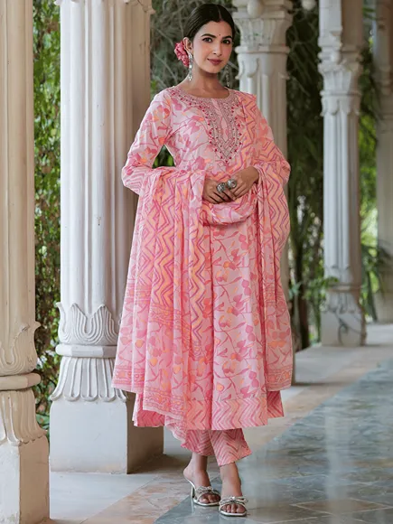 Floral Embroidered Pure Cotton Kurta With Trousers & With Dupatta