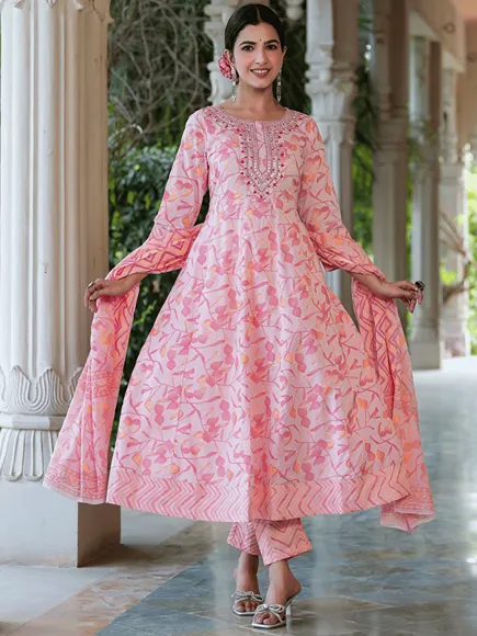 Floral Embroidered Pure Cotton Kurta With Trousers & With Dupatta