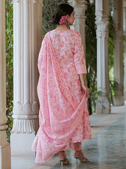 Floral Embroidered Pure Cotton Kurta With Trousers & With Dupatta