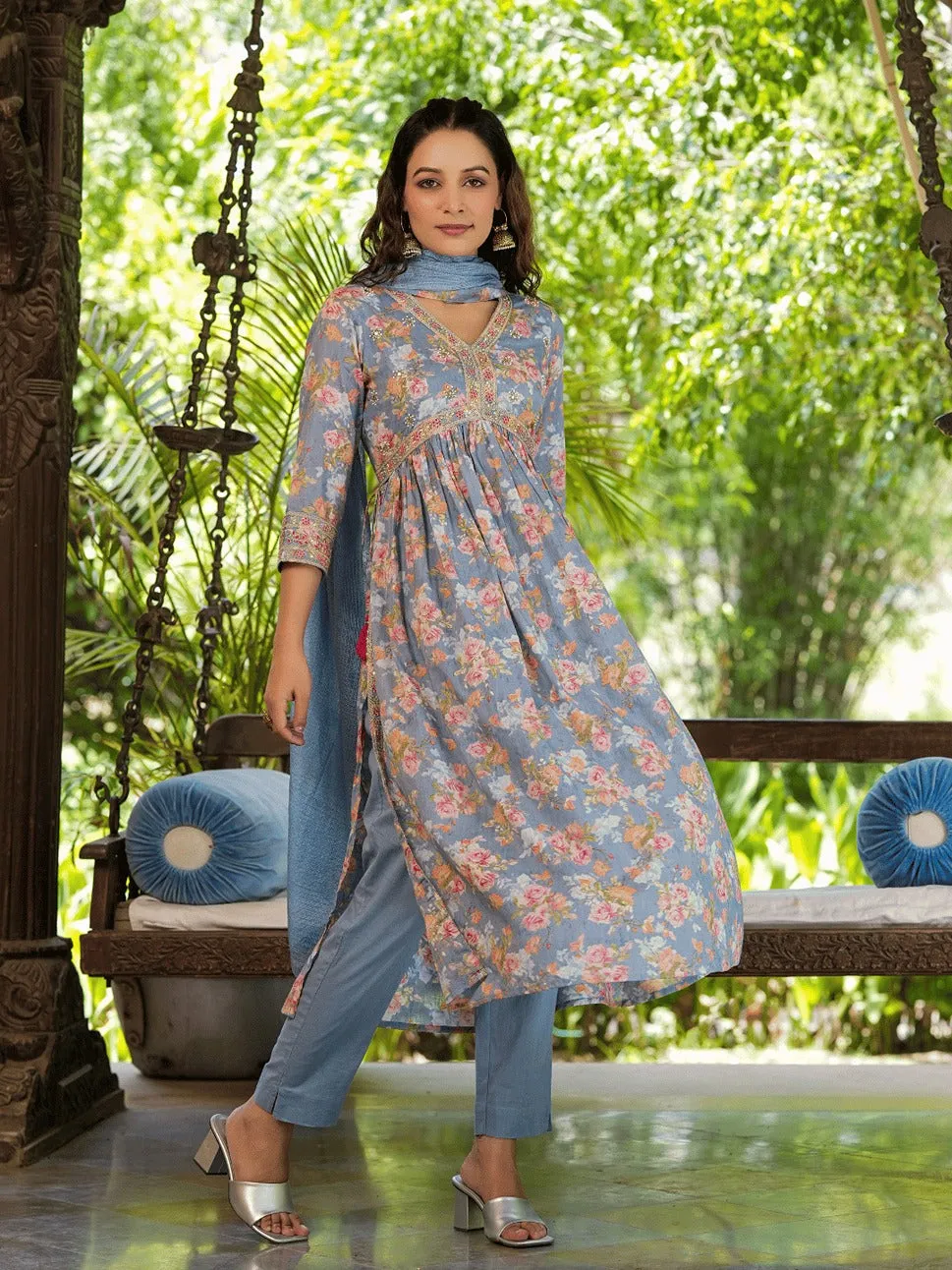 Floral Printed Empire Pure Cotton Kurta With Trousers & Dupatta