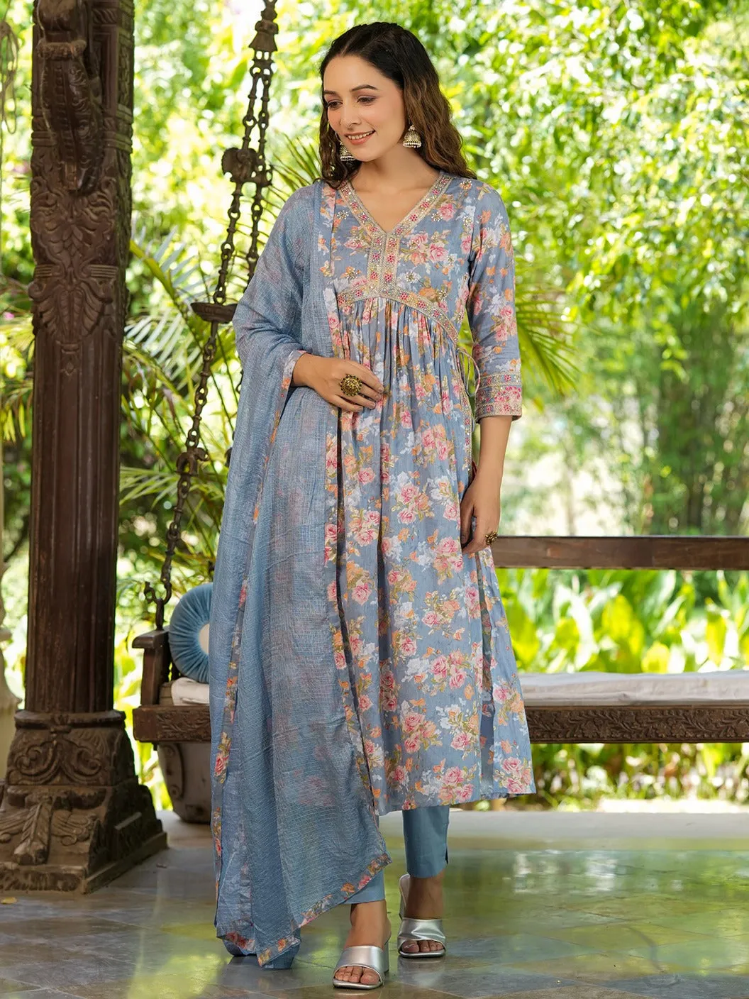 Floral Printed Empire Pure Cotton Kurta With Trousers & Dupatta