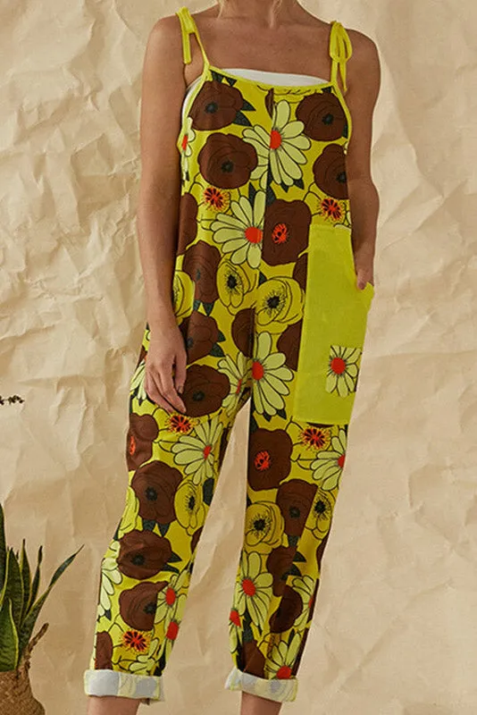 Floral Tie Shoulder Jumpsuit With Pockets