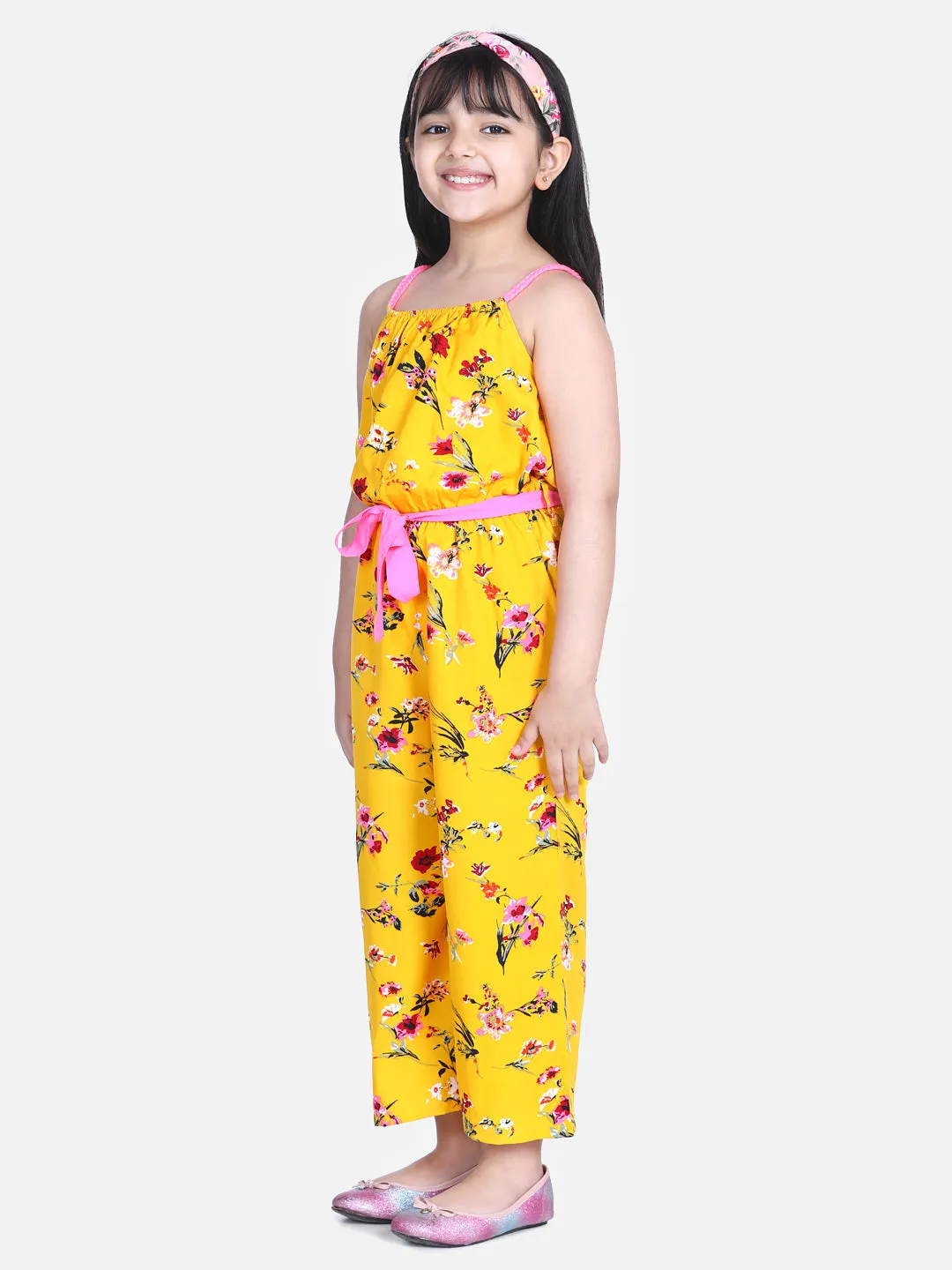 Girl's  Floral Print Jumpsuit With Braided Shoulder Straps - StyleStone Kid