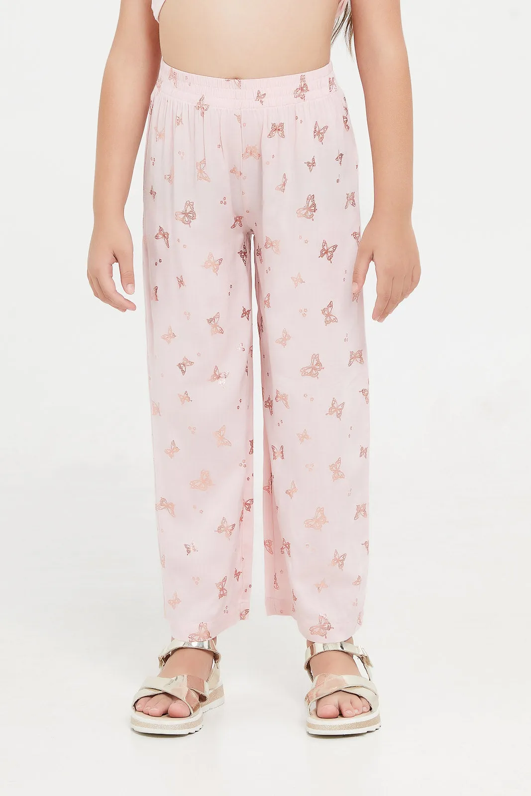 Girls Pink Printed Wide Leg Trouser