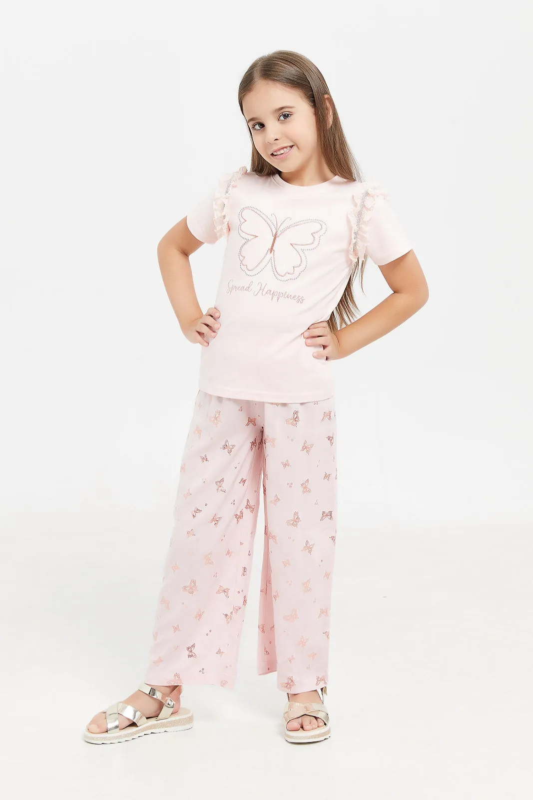 Girls Pink Printed Wide Leg Trouser