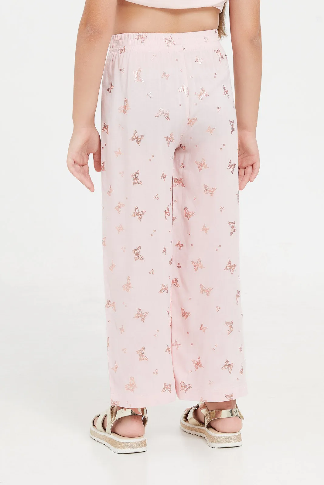 Girls Pink Printed Wide Leg Trouser