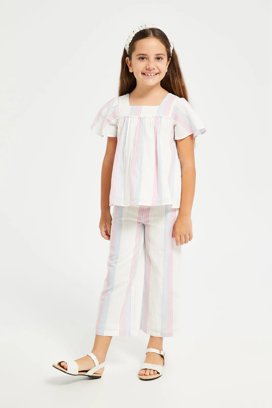 Girls White Yarn Dyed Striped Wide Leg Trousers