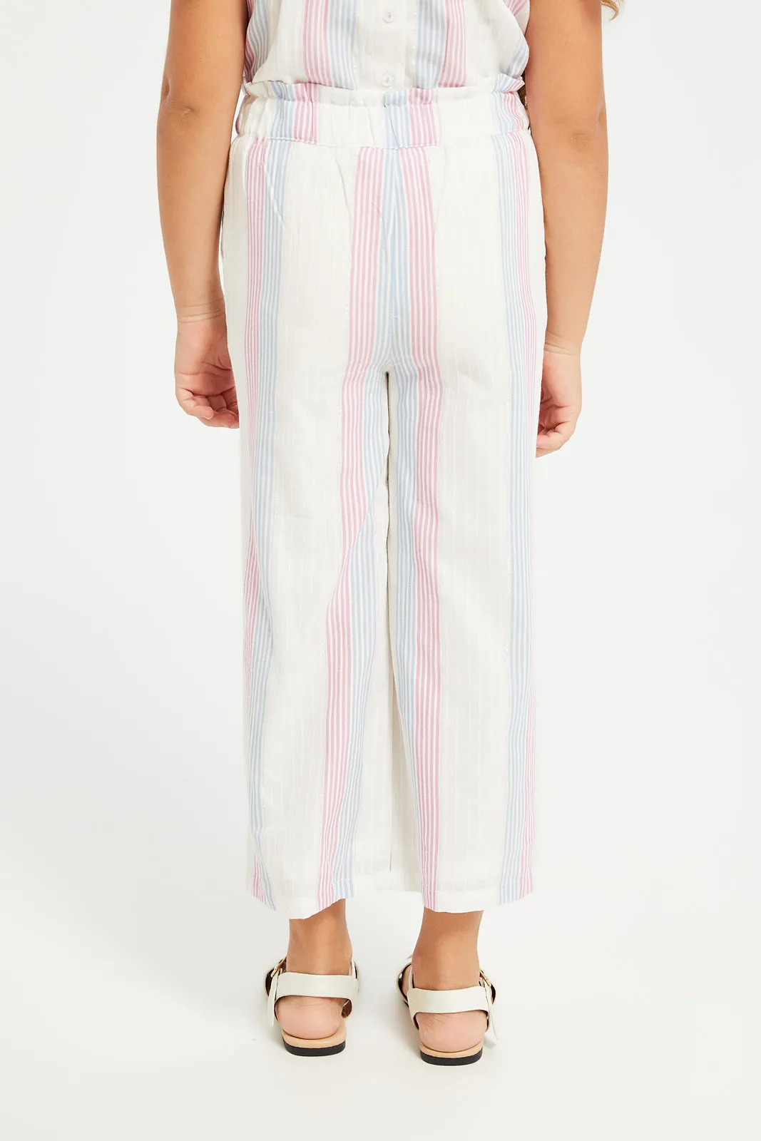 Girls White Yarn Dyed Striped Wide Leg Trousers