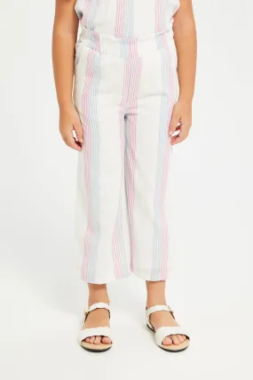 Girls White Yarn Dyed Striped Wide Leg Trousers