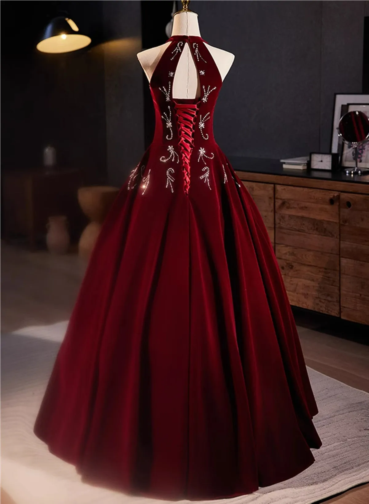 Glam Wine Red Beaded Velvet Halter Evening Dress, Wine Red Velvet Prom Dress