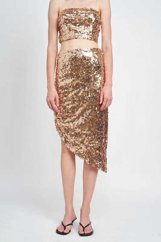 GOLD BUCKLE SEQUIN SHIRRED MIDI SKIRT