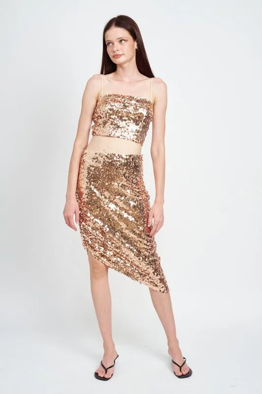 GOLD BUCKLE SEQUIN SHIRRED MIDI SKIRT