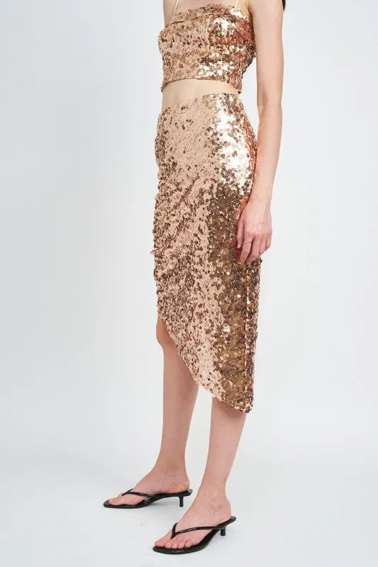 GOLD BUCKLE SEQUIN SHIRRED MIDI SKIRT