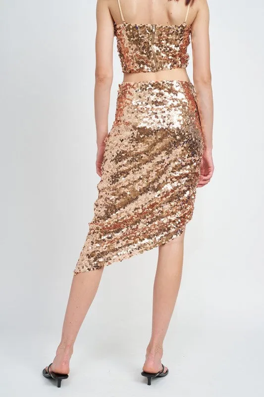 GOLD BUCKLE SEQUIN SHIRRED MIDI SKIRT