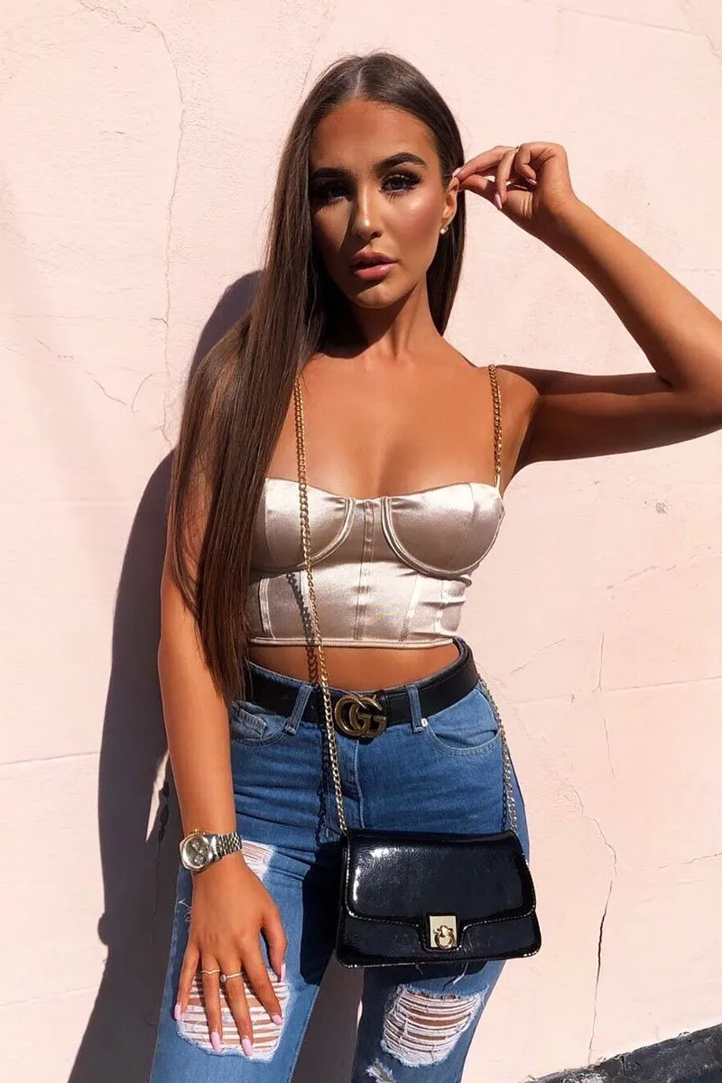 Gold Satin Corset Detail Chain Strap Crop Top - Vinisha