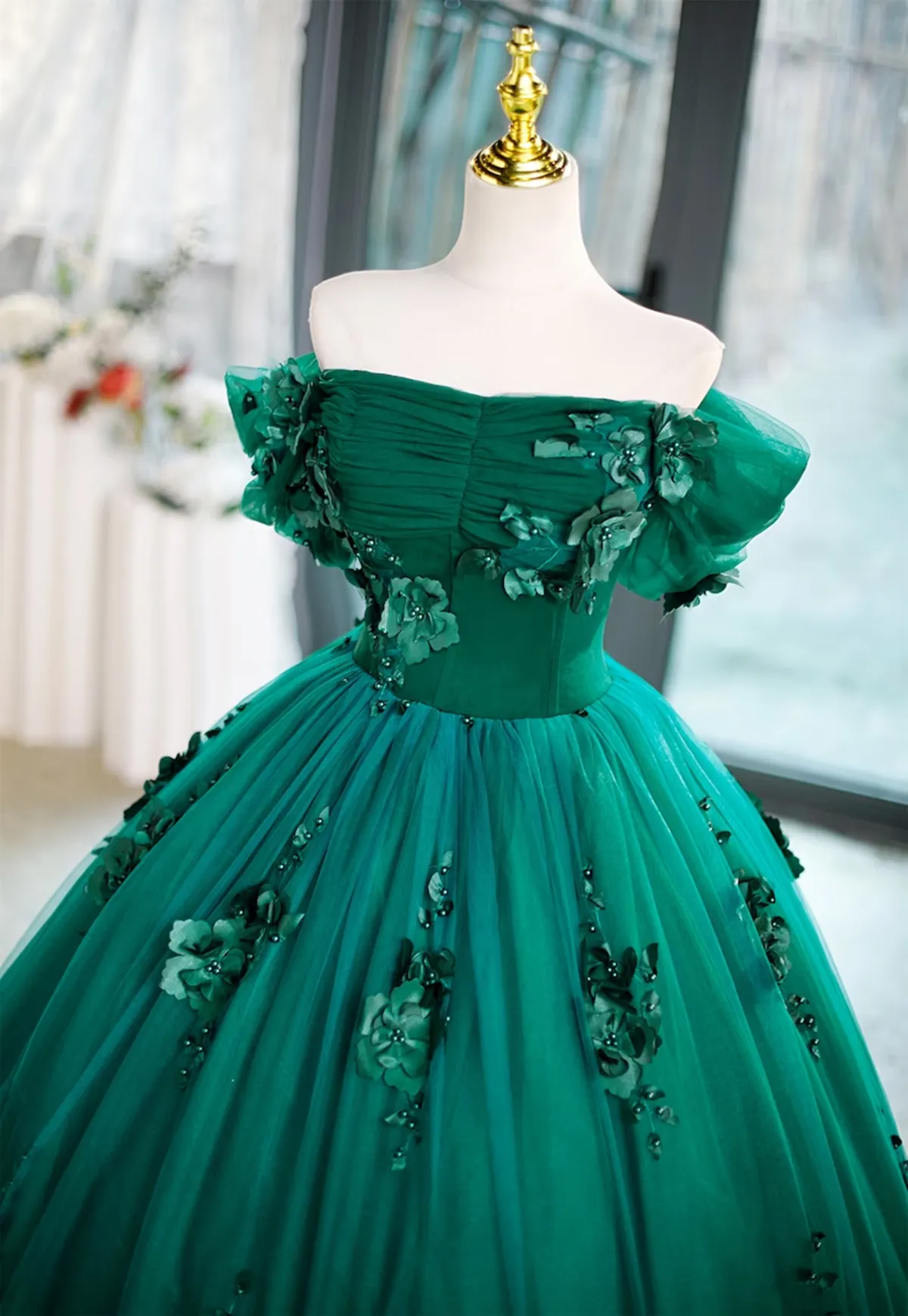 Green Flowers Off Shoulder Tulle Long Formal Dress, Green Sweet 16 Dress