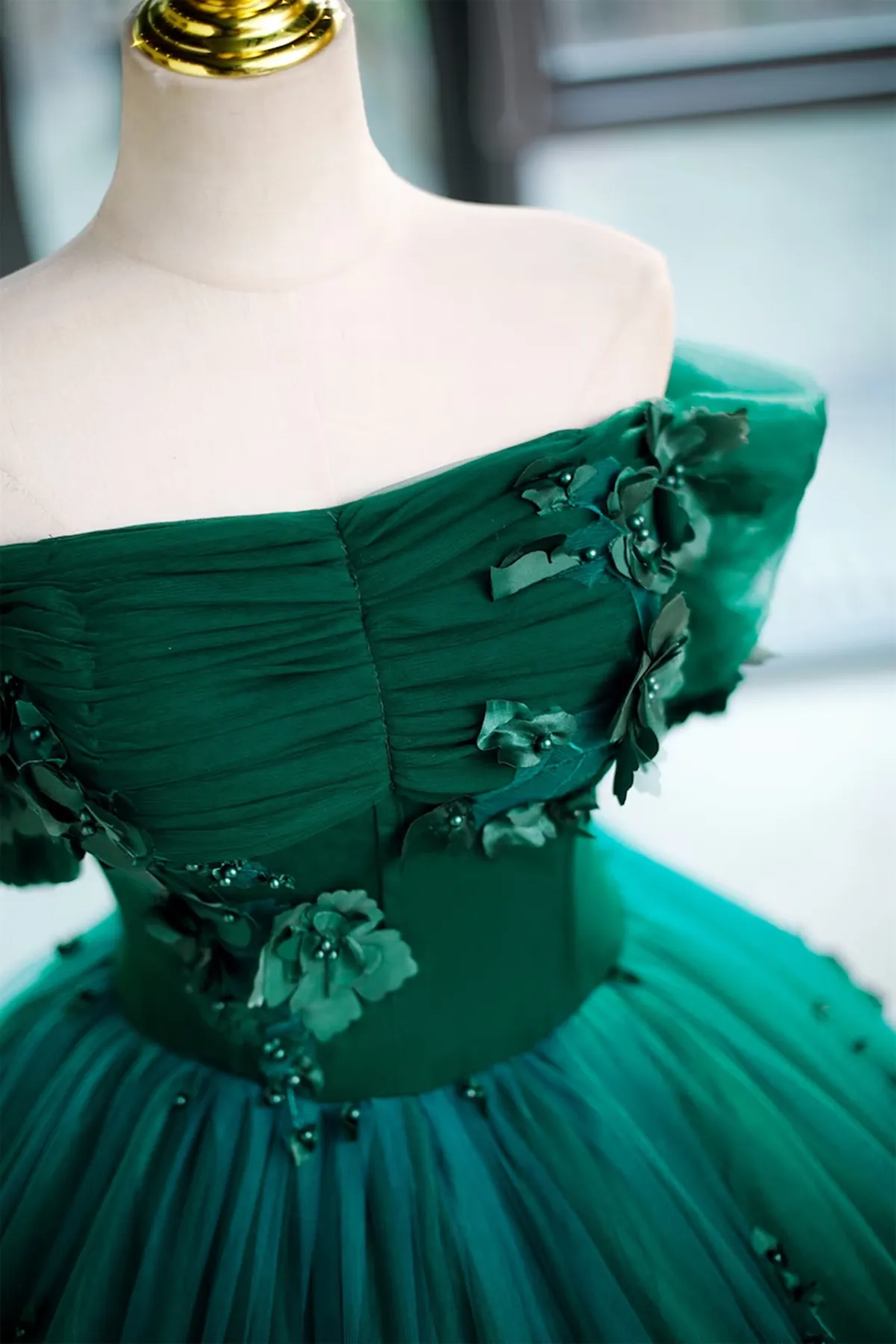 Green Flowers Off Shoulder Tulle Long Formal Dress, Green Sweet 16 Dress