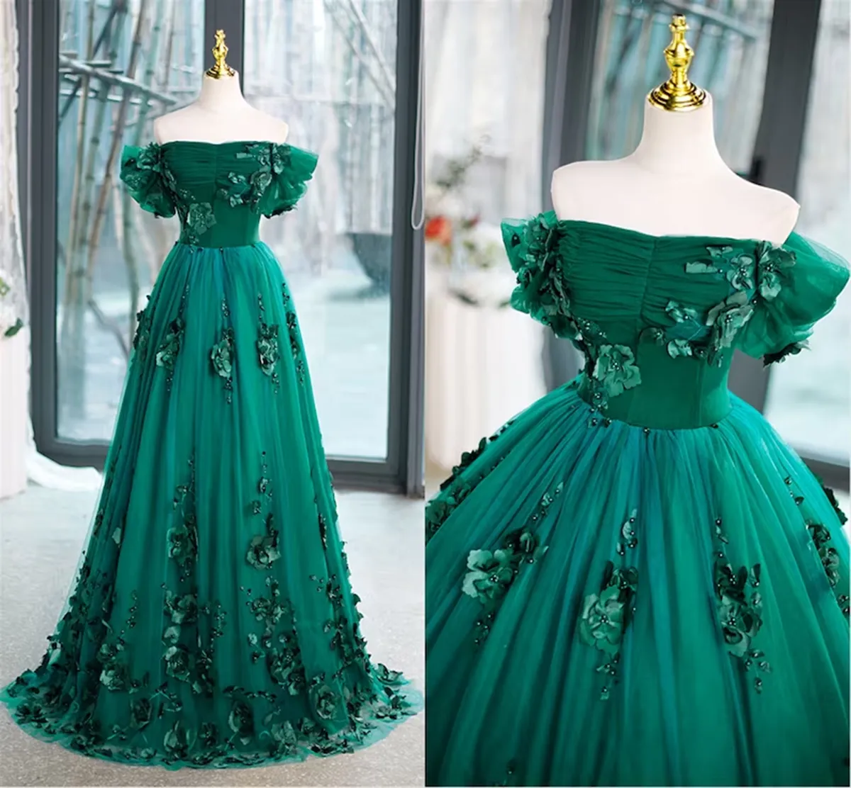 Green Flowers Off Shoulder Tulle Long Formal Dress, Green Sweet 16 Dress