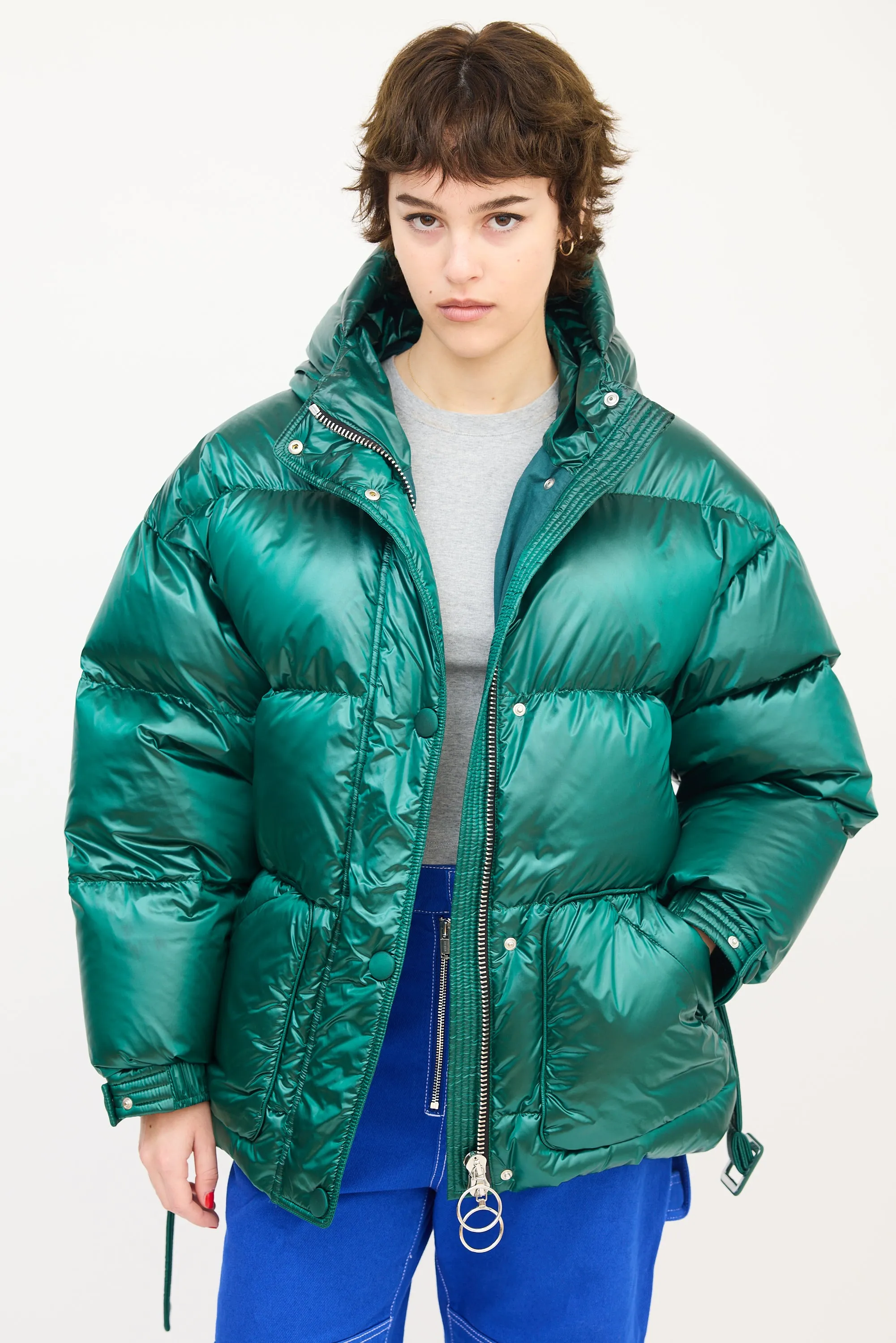 Green Hooded Belted Michlin Down Puffer Jacket