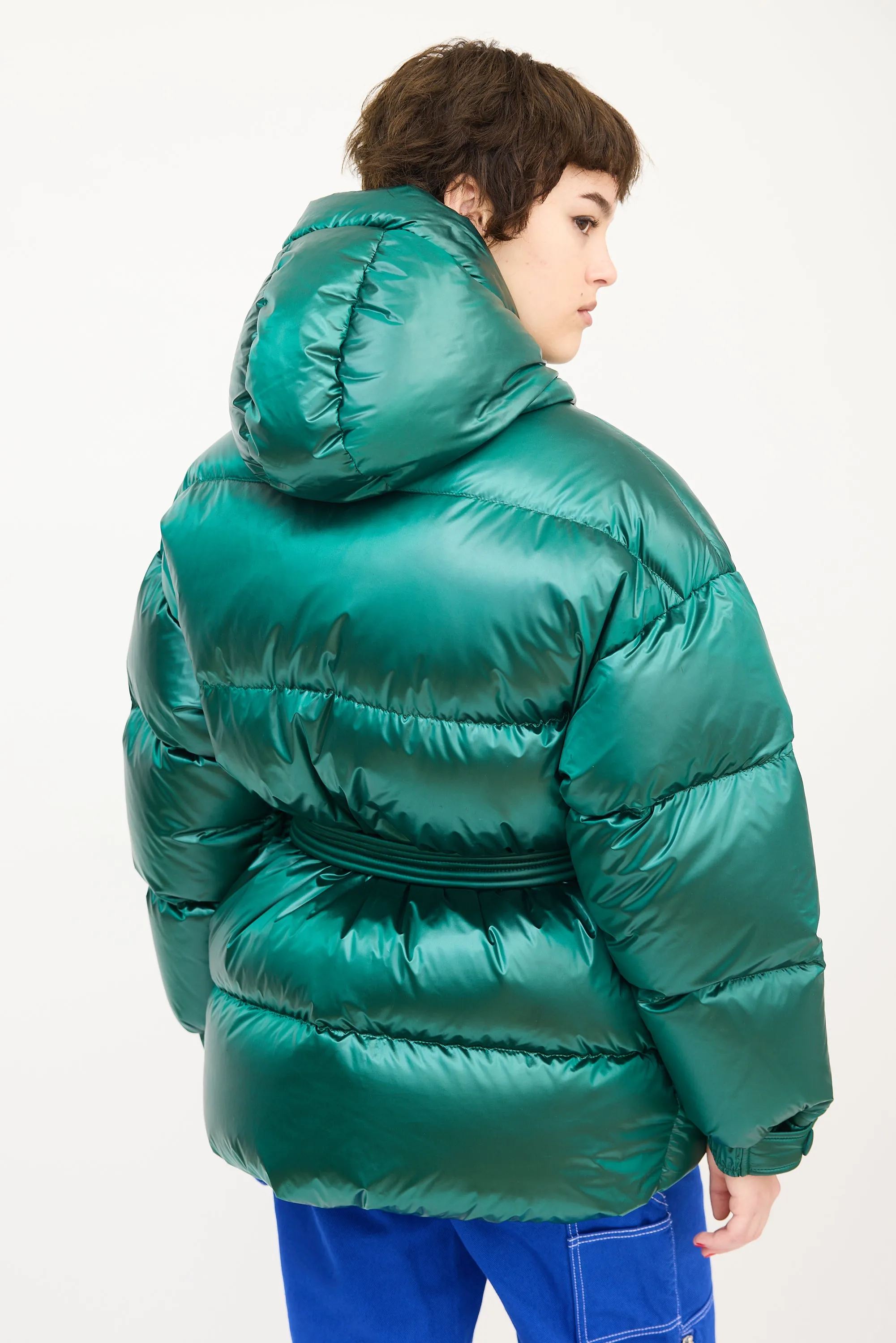 Green Hooded Belted Michlin Down Puffer Jacket