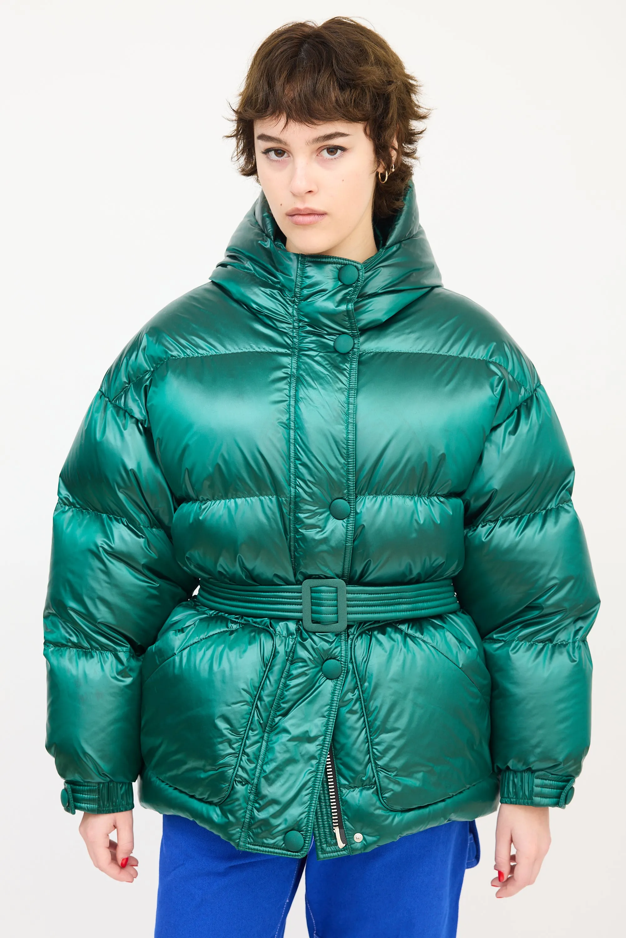 Green Hooded Belted Michlin Down Puffer Jacket