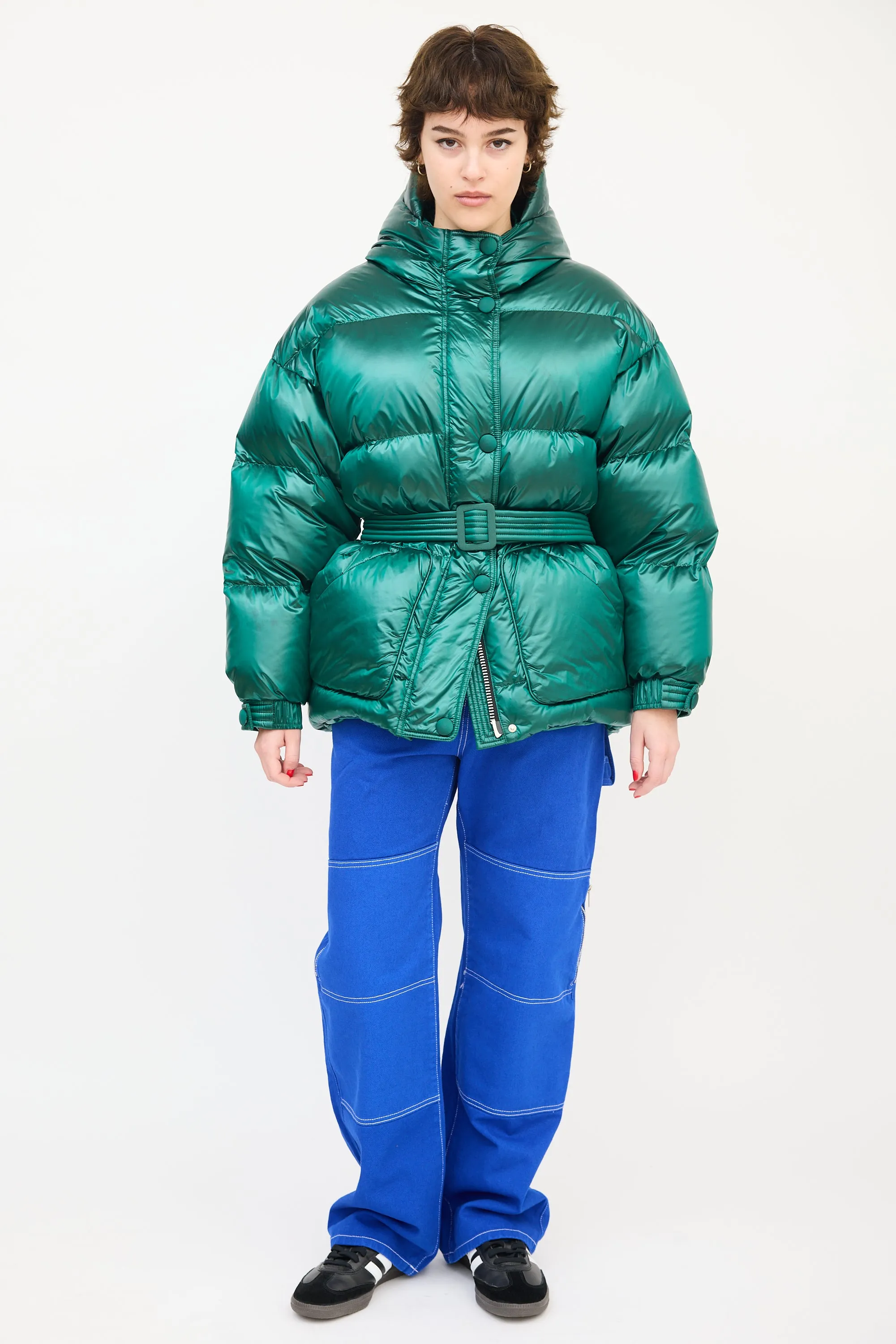 Green Hooded Belted Michlin Down Puffer Jacket