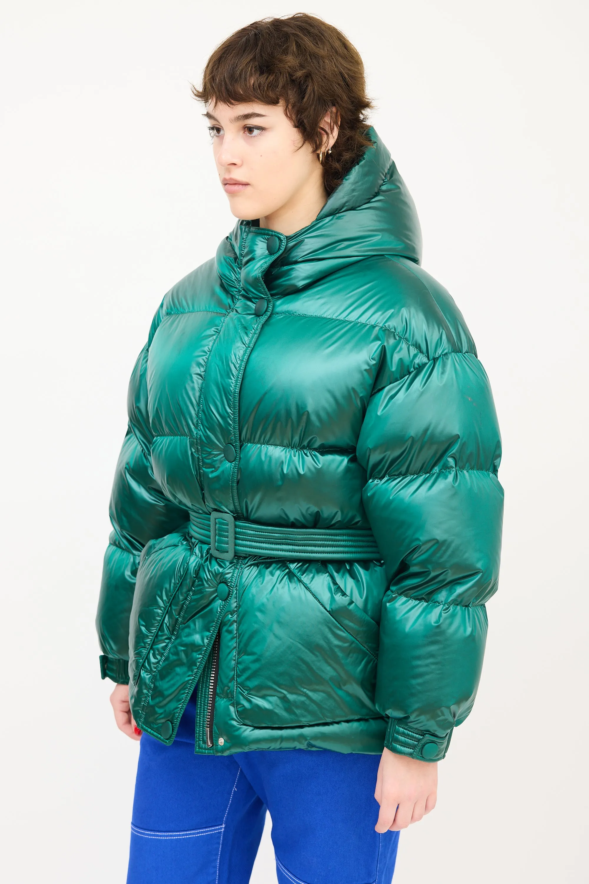 Green Hooded Belted Michlin Down Puffer Jacket