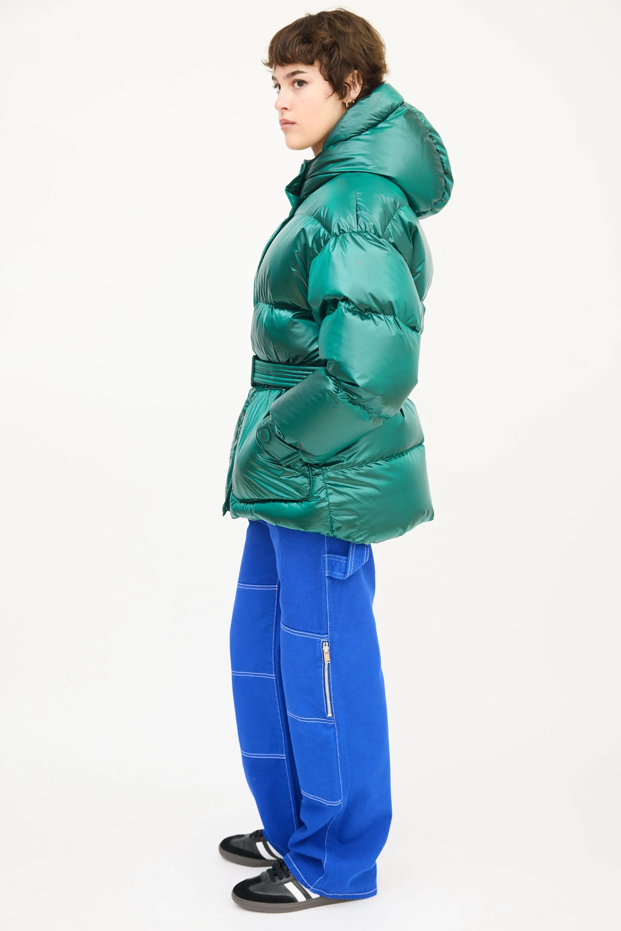 Green Hooded Belted Michlin Down Puffer Jacket