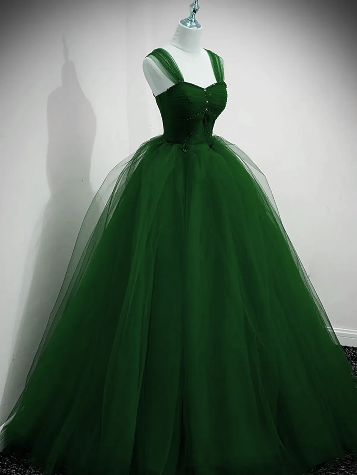 Green Tulle Beaded Sweetheart Long Party Dress, Green A-line Prom Dress Evening Dress