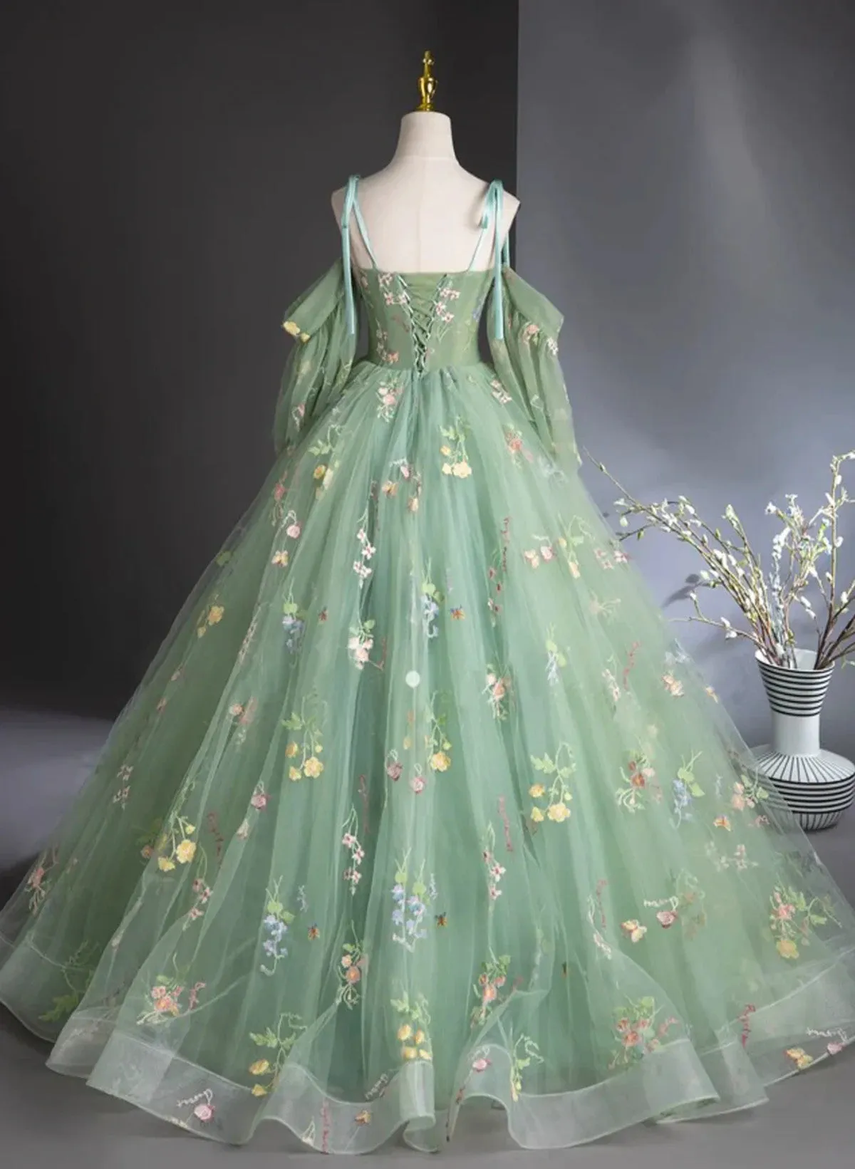 Green Tulle Straps Floral Long Party Dress, Green Tulle Prom Dress