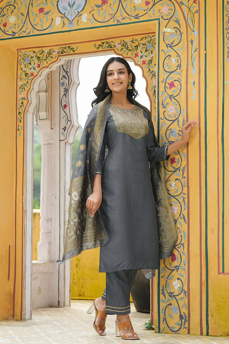 Grey Poly Silk Yoke Design Straight Suit Set