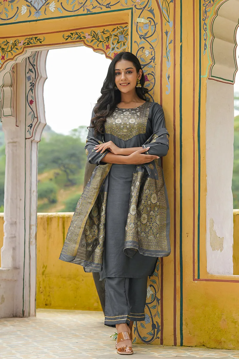 Grey Poly Silk Yoke Design Straight Suit Set