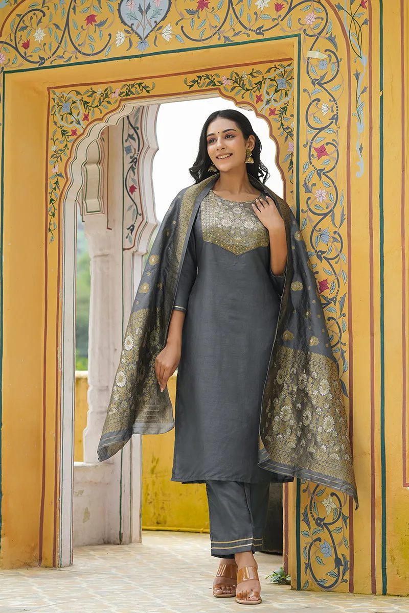 Grey Poly Silk Yoke Design Straight Suit Set