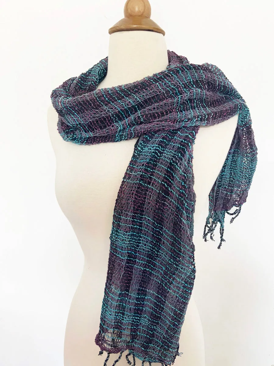 Handwoven Open Weave Cotton Scarf - Black Turquoise Plum