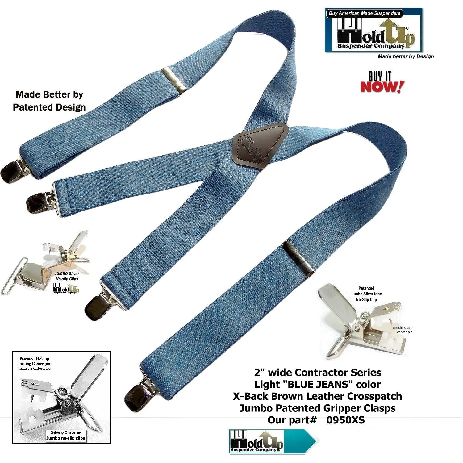 HoldUp Brand Blue Denim Clip-on Wide Work Suspenders with Silver No-slip Clips