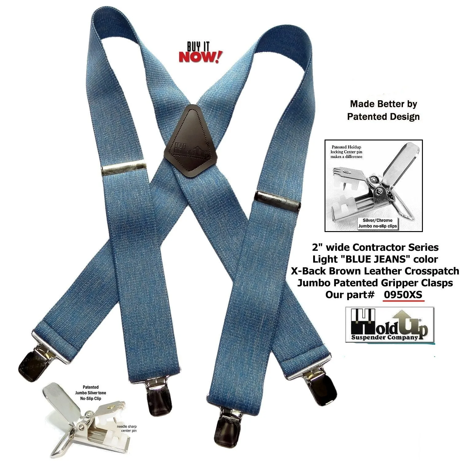 HoldUp Brand Blue Denim Clip-on Wide Work Suspenders with Silver No-slip Clips