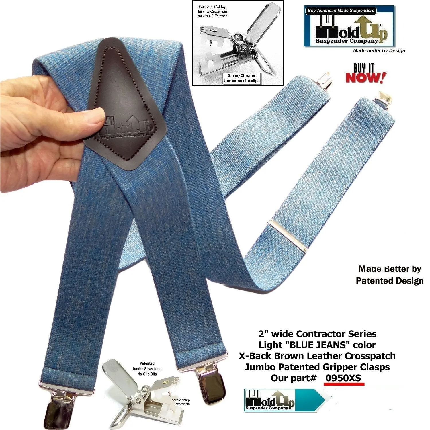 HoldUp Brand Blue Denim Clip-on Wide Work Suspenders with Silver No-slip Clips