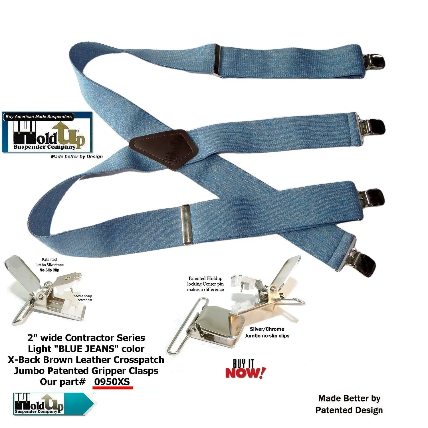 HoldUp Brand Blue Denim Clip-on Wide Work Suspenders with Silver No-slip Clips