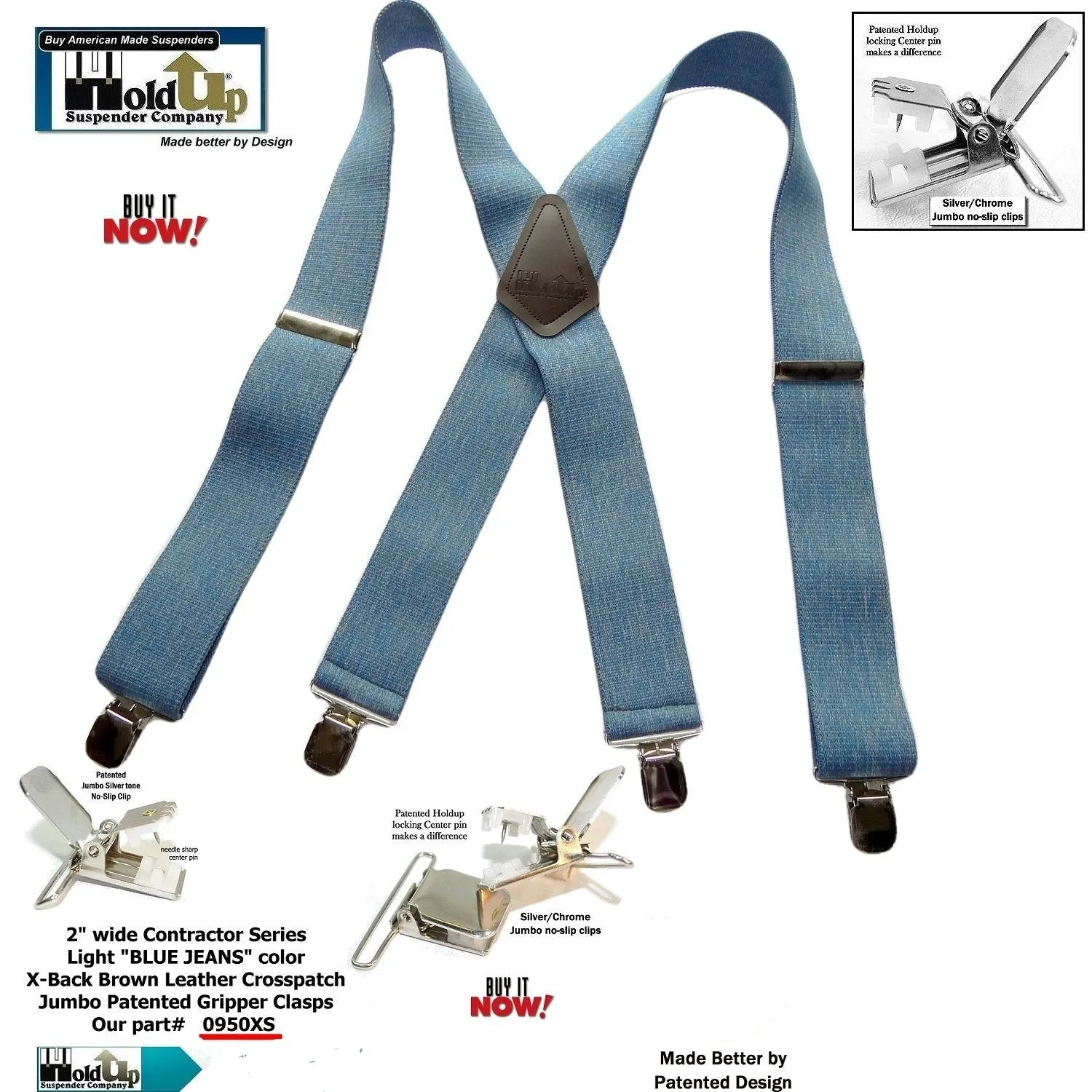 HoldUp Brand Blue Denim Clip-on Wide Work Suspenders with Silver No-slip Clips