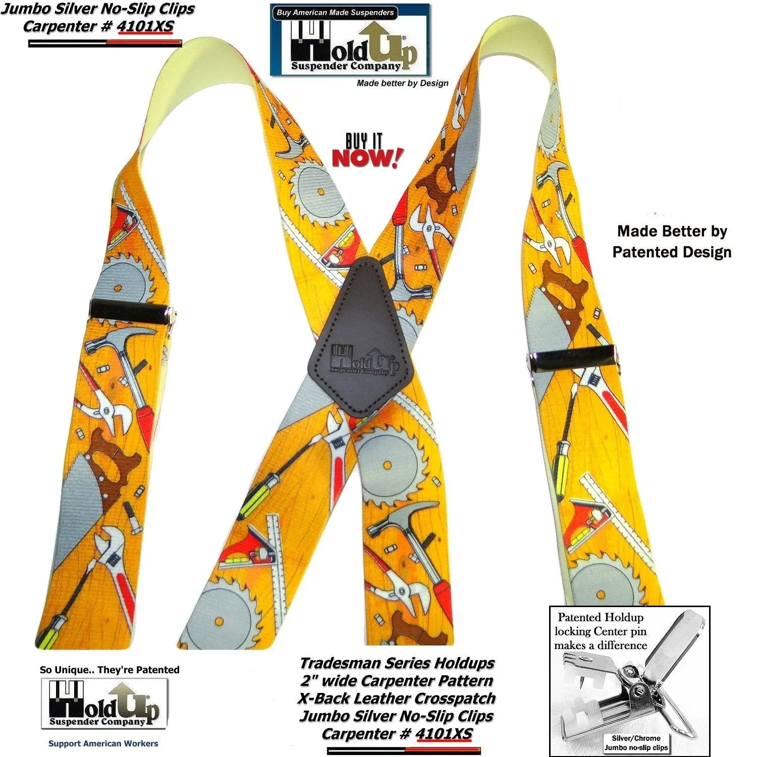 Holdup Tradesman Series Work Suspenders In Carpenter Pattern With USA Patented Jumbo No-slip Clips