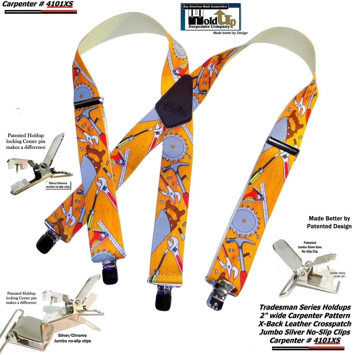 Holdup Tradesman Series Work Suspenders In Carpenter Pattern With USA Patented Jumbo No-slip Clips