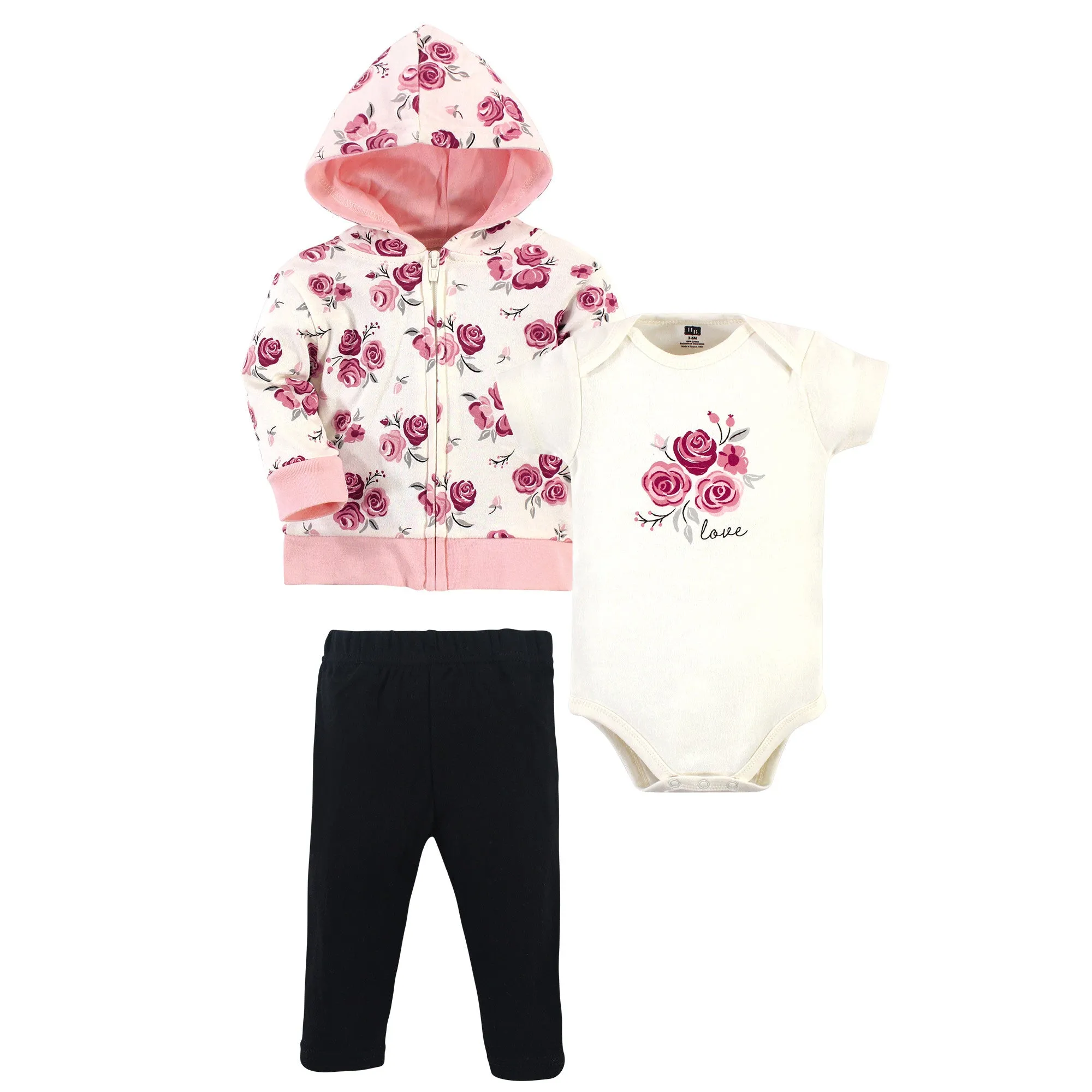 Hudson Baby Cotton Hoodie, Bodysuit or Tee Top and Pant Set, Rose Baby